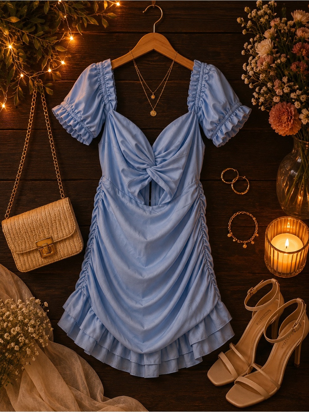 Powder Blue Ruched Mini Dress - Picture 3 of 6